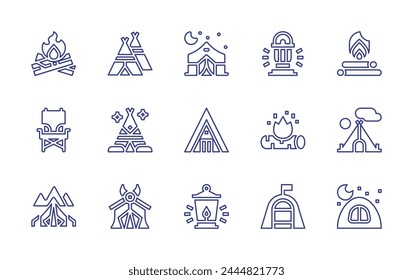 Conjunto de iconos de línea de camping. Trazo editable. Ilustración vectorial. Conteniendo tienda, silla de camping, tienda de camping, camping, tipi, hoguera, leña, linterna, fuego, lámpara de aceite, wigwam.