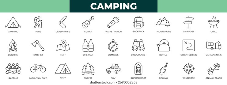 Camping line icon set featuring tents,compass, map, exploration, planning, solar, lodging, survival, ,backpacks, and outdoor essentials for adventure, and nature projects.
