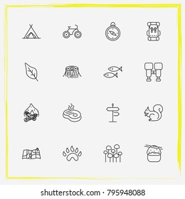 Camping line icon set fish, sign and leaf