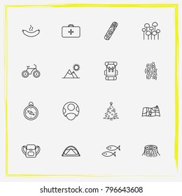 Camping line icon set fish, mushroom and bike