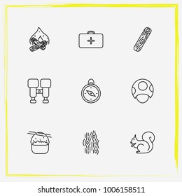 Camping line icon set food, squirrel and compass
