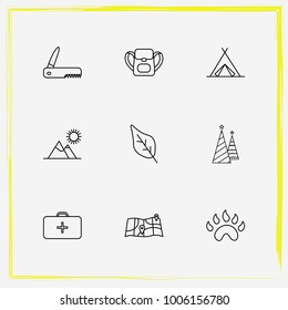 Camping line icon set knife, backpack and christmas