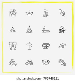 Camping line icon set knife, binoculars and sausage