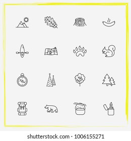 Camping line icon set lighter, compass and backpack