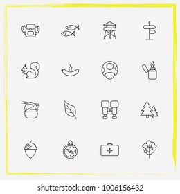Camping line icon set lighter, cooked and food