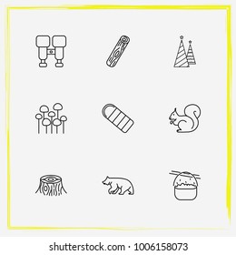 Camping line icon set log, squirrel and bear