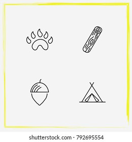 Camping line icon set log, paw and tent