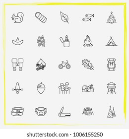 Camping line icon set map, tree and knife