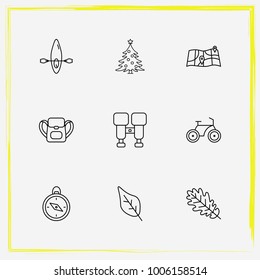 Camping line icon set map, tree and boat