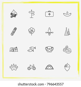 Camping line icon set map, backpack and sausage