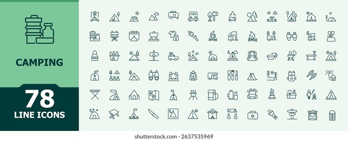 Camping line icon set. Minimalist vector collections. Tent line icon set. Includes thin line symbols campfire, camp, vacation, fishing, tourism and more.