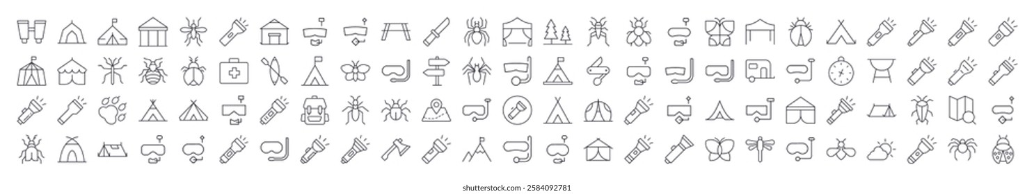 Camping Line Icon Set. Modern Collection for Design, Web Sites, Apps, Cards. Contains Linear Images of Flashlight, Diving Mask, Tent, Axe, Insect