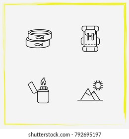Camping line icon set mountains, backpack and conservative