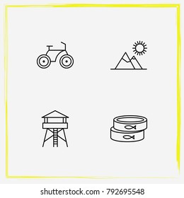 Camping line icon set mountains, conservative and tower