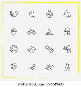 Camping line icon set mountains, tree and backpack