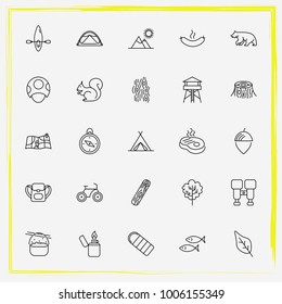 Camping line icon set mushroom, sleeping and fish