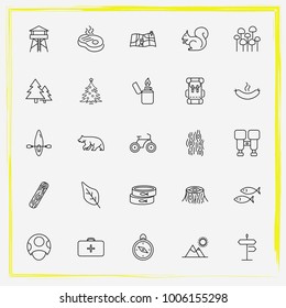 Camping line icon set mushrooms, bear and mountains