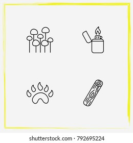 Camping line icon set mushrooms, paw and log