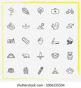Camping line icon set nut, steak and stump