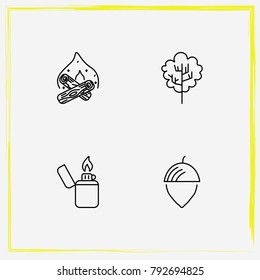 Camping line icon set nut, lighter and bonfire