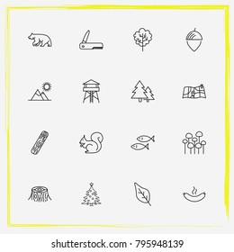 Camping line icon set nut, squirrel and fish