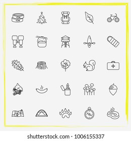 Camping line icon set paw, compass and binoculars