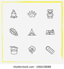 Camping line icon set paw, food and backpack