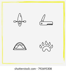 Camping line icon set paw, knife and boat