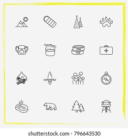 Camping line icon set paw, chest and bonfire