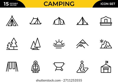 Conjunto de iconos de línea de camping. Píxel perfecto. El conjunto incluye un camping, senderismo, brújula, montaña, pesca, turismo. Paquete de iconos de contorno delgado. Ilustración vectorial