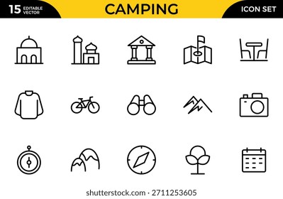 Conjunto de iconos de línea de camping. Píxel perfecto. El conjunto incluye un camping, senderismo, brújula, montaña, pesca, turismo. Paquete de iconos de contorno delgado. Ilustración vectorial