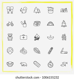 Camping line icon set sausage, cooked and knife