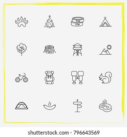 Camping line icon set sausage, paw and christmas