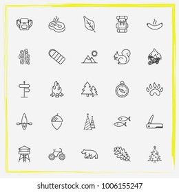Camping line icon set sign, tree and wood