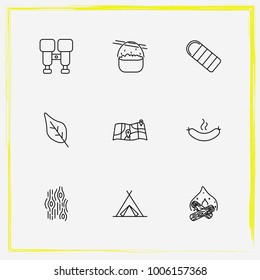 Camping line icon set sleeping, wood and leaf