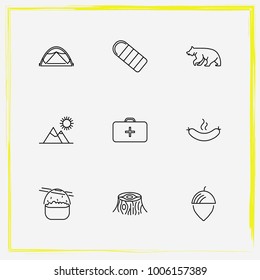 Camping line icon set sleeping, bear and medicine