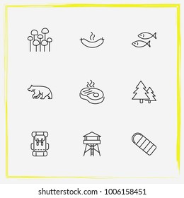 Camping line icon set sleeping, steak and tower