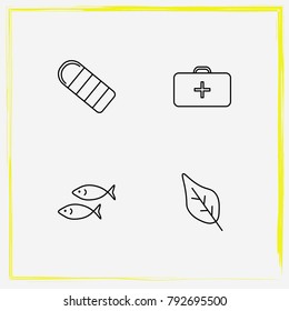 Camping line icon set sleeping, leaf and tree