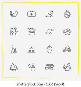 Camping line icon set squirrel, tree and mountains