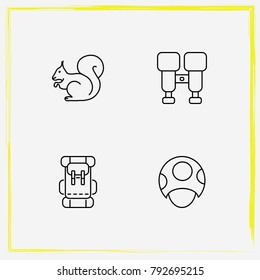 Camping line icon set squirrel, mushroom and binoculars