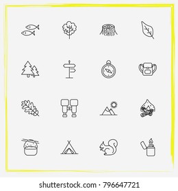 Camping line icon set squirrel, lighter and compass