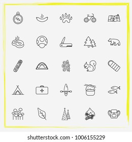 Camping line icon set steak, medicine and wood