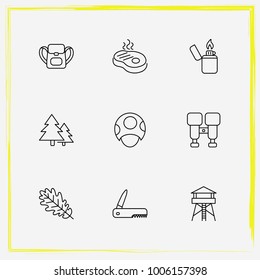 Camping line icon set steak, tree leaf and mushroom
