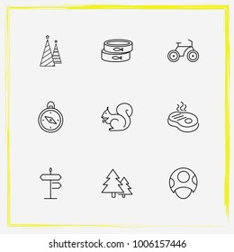 Camping line icon set steak, compass and bike