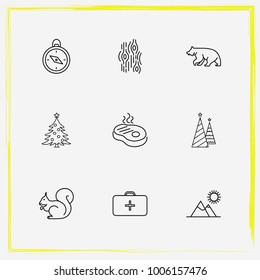 Camping line icon set steak, wood and christmas
