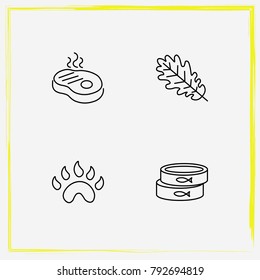 Camping line icon set steak, paw and tree leaf