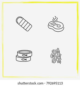 Camping line icon set steak, conservative and bag