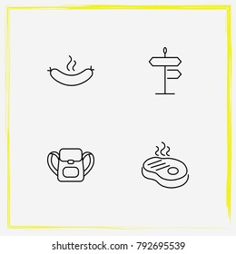 Camping line icon set street, steak and sausage
