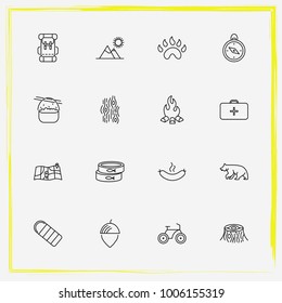 Camping line icon set stump, paw and mountains