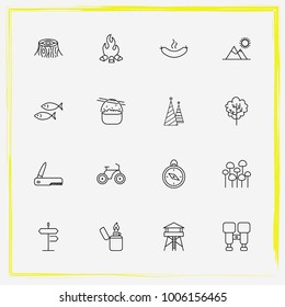 Camping line icon set stump, christmas and cooked